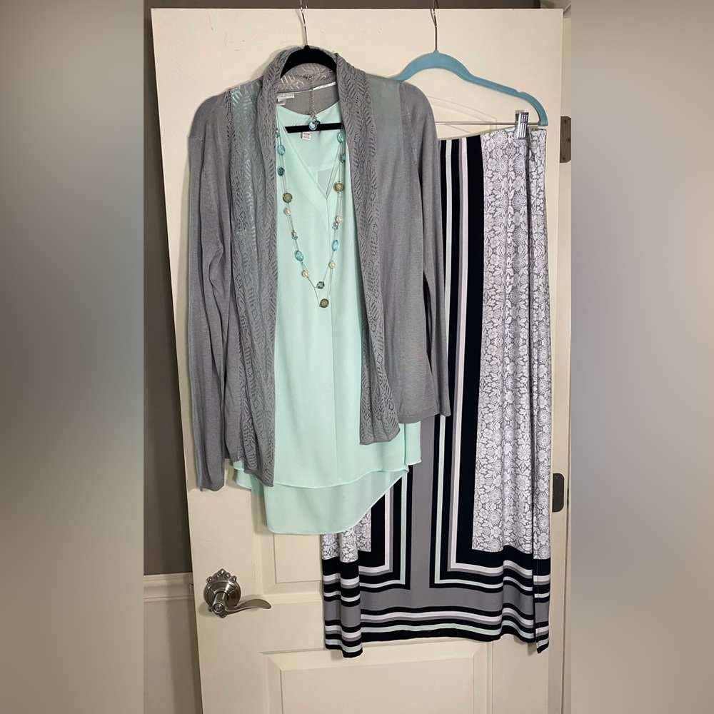 Cato Gray Cardigan with Mint Blouse and Patterned Skirt & necklace